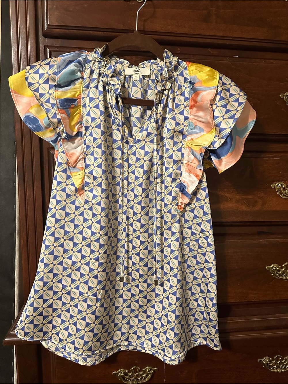 entro Blue Geometric Ruffle Sleeve Blouse with Multicolor Accents